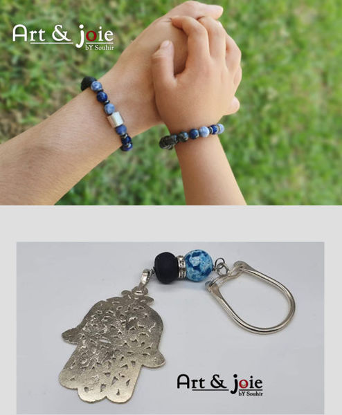 Image de Coffret special fete des peres bracelet en pierre sodalite et Motif en argent / porte cle avec Pierre agate et Amber et Motif khomsa
