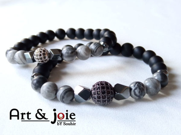 Image de Bracelet couple en pierre jasper gris , onyx mate , hematite noir et boule Swarovski noir / argent