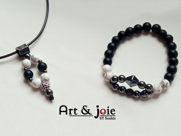 Image de Bracelet et collier en pierre Howlite mate , onyx mate et motif en acier inoxydable